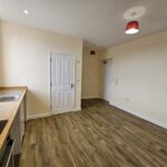 kitchen units below sink and unfurnished room with wood effect flooring and two doors