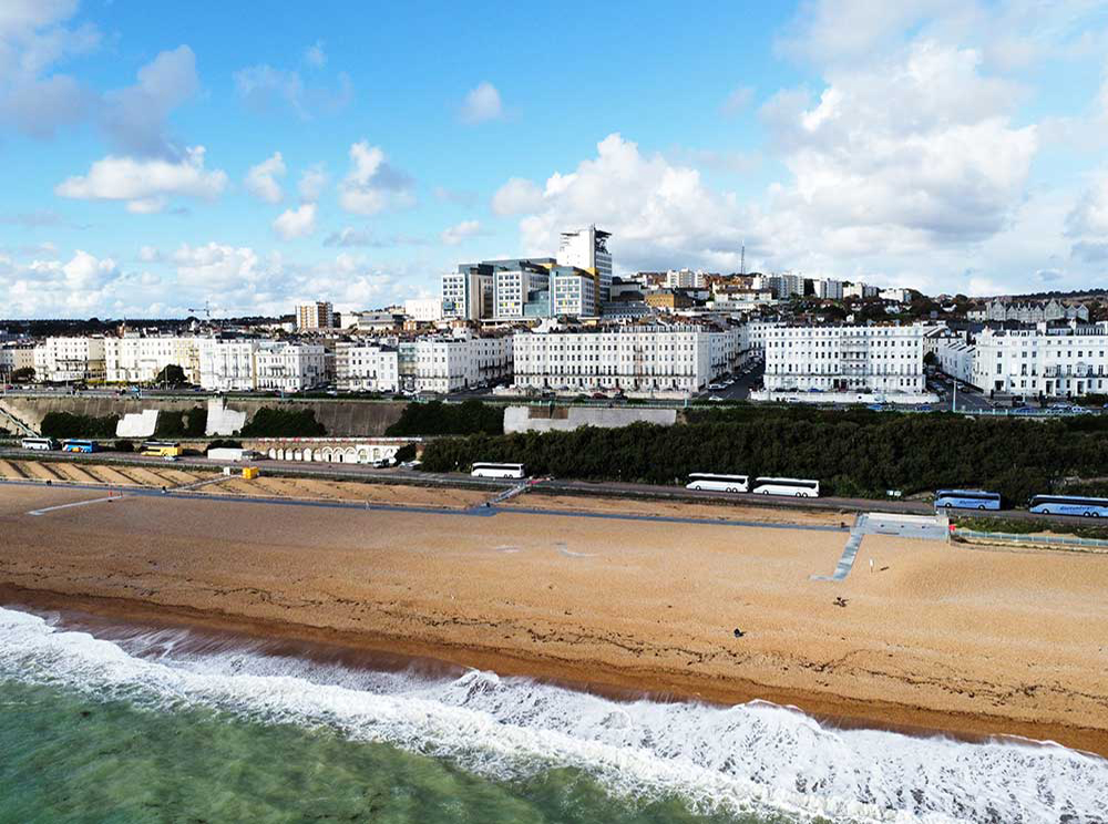 Brighton seafront showing lettings properties and the beach