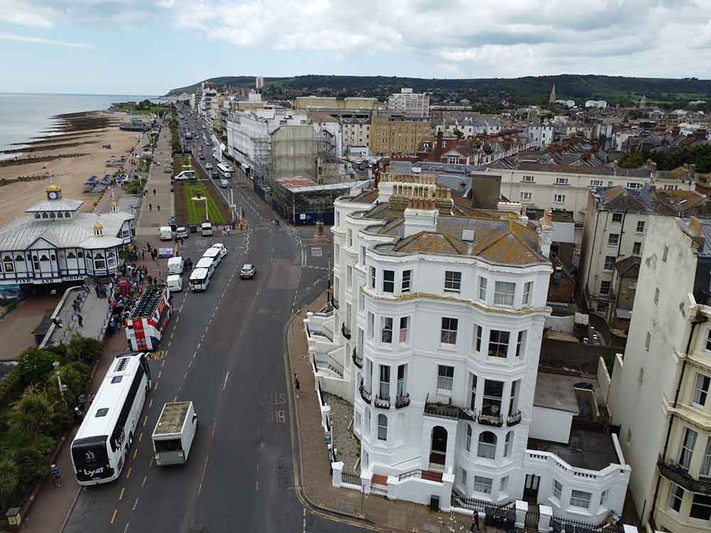 Aerial view of Eastbourne rental properties along the seafront